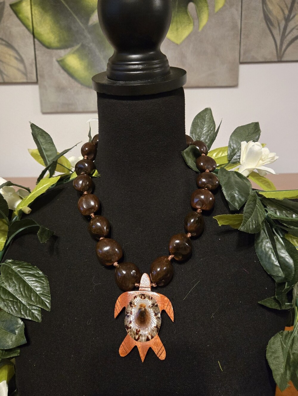 2 Handcrafted Brown and Black Kukui Necklaces with Turtle Pendant.